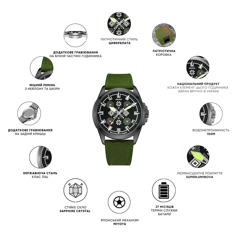 Awarder Embroidery Silver-Army Green Khaki Battery 10ATM - 2