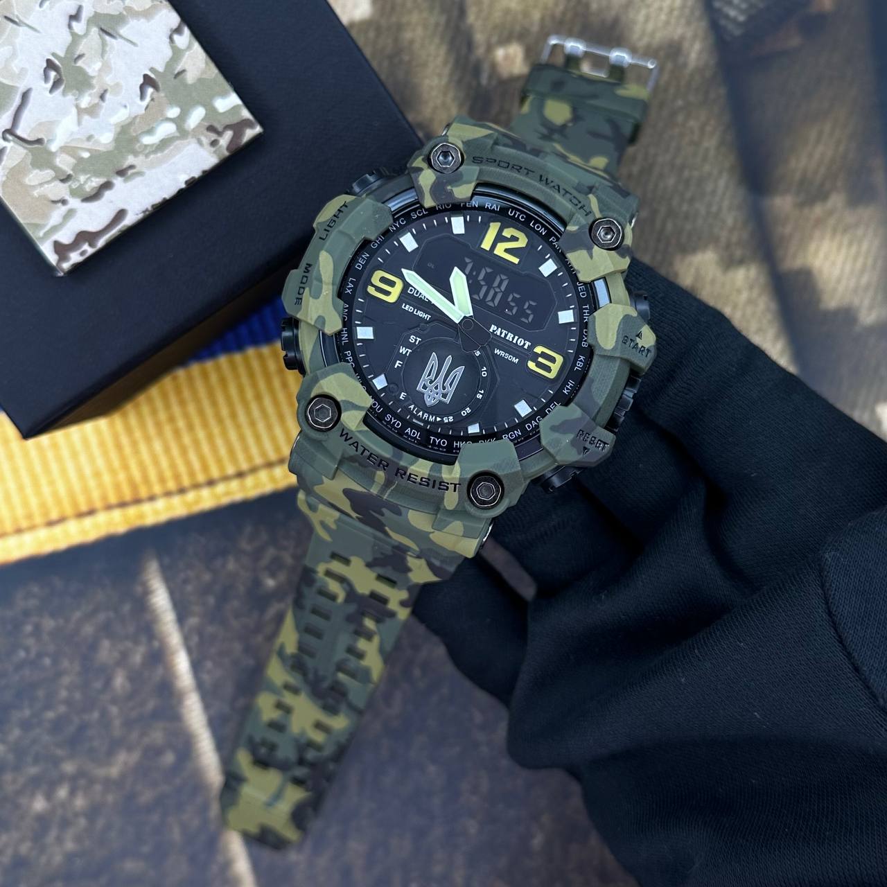 Patriot 004CMGRUASI Тризуб срібло Зелений камуфляж + Коробка. - 2