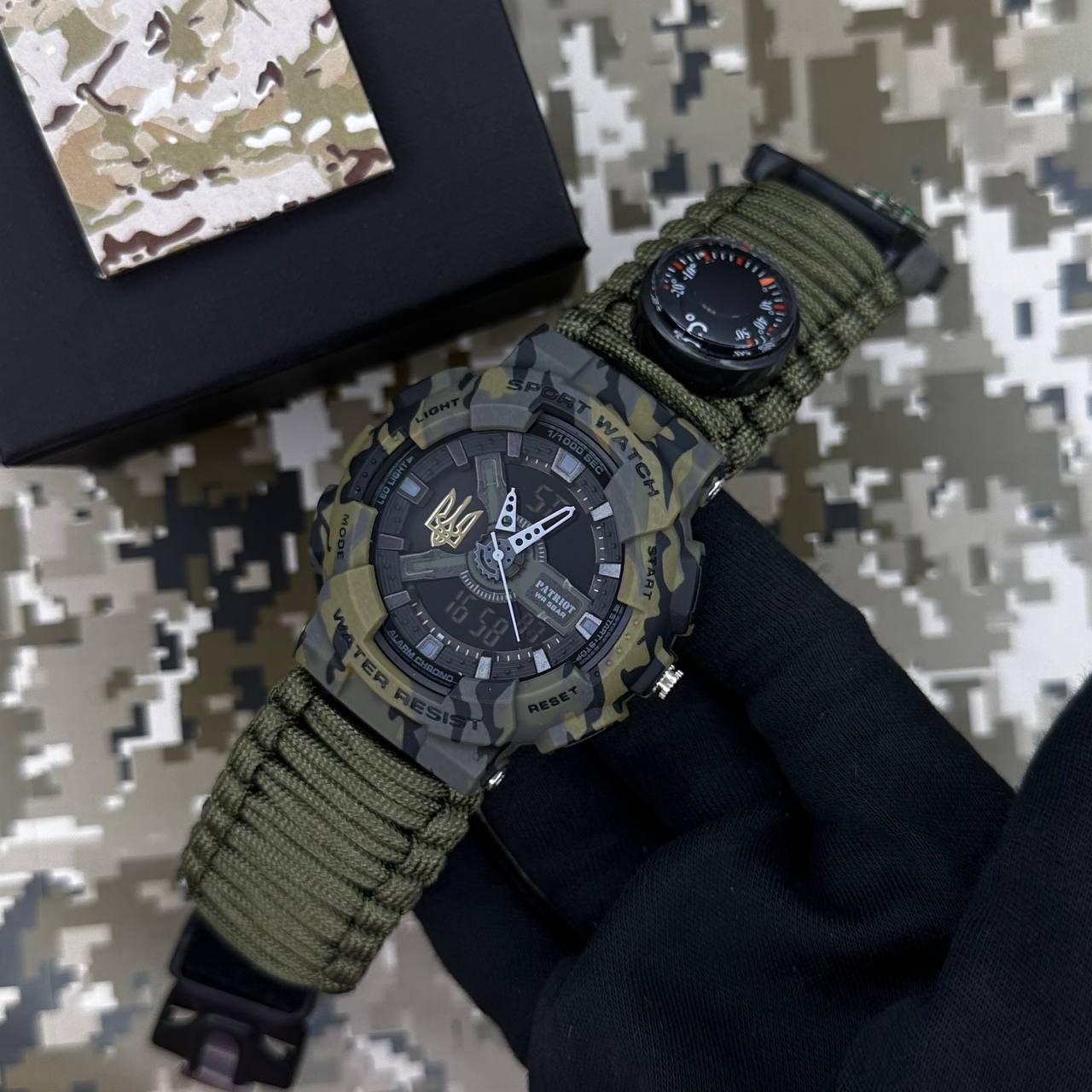 Patriot 005 Тризуб золото Camo Green Паракордовий ремінець Army Green + Коробка. - 2